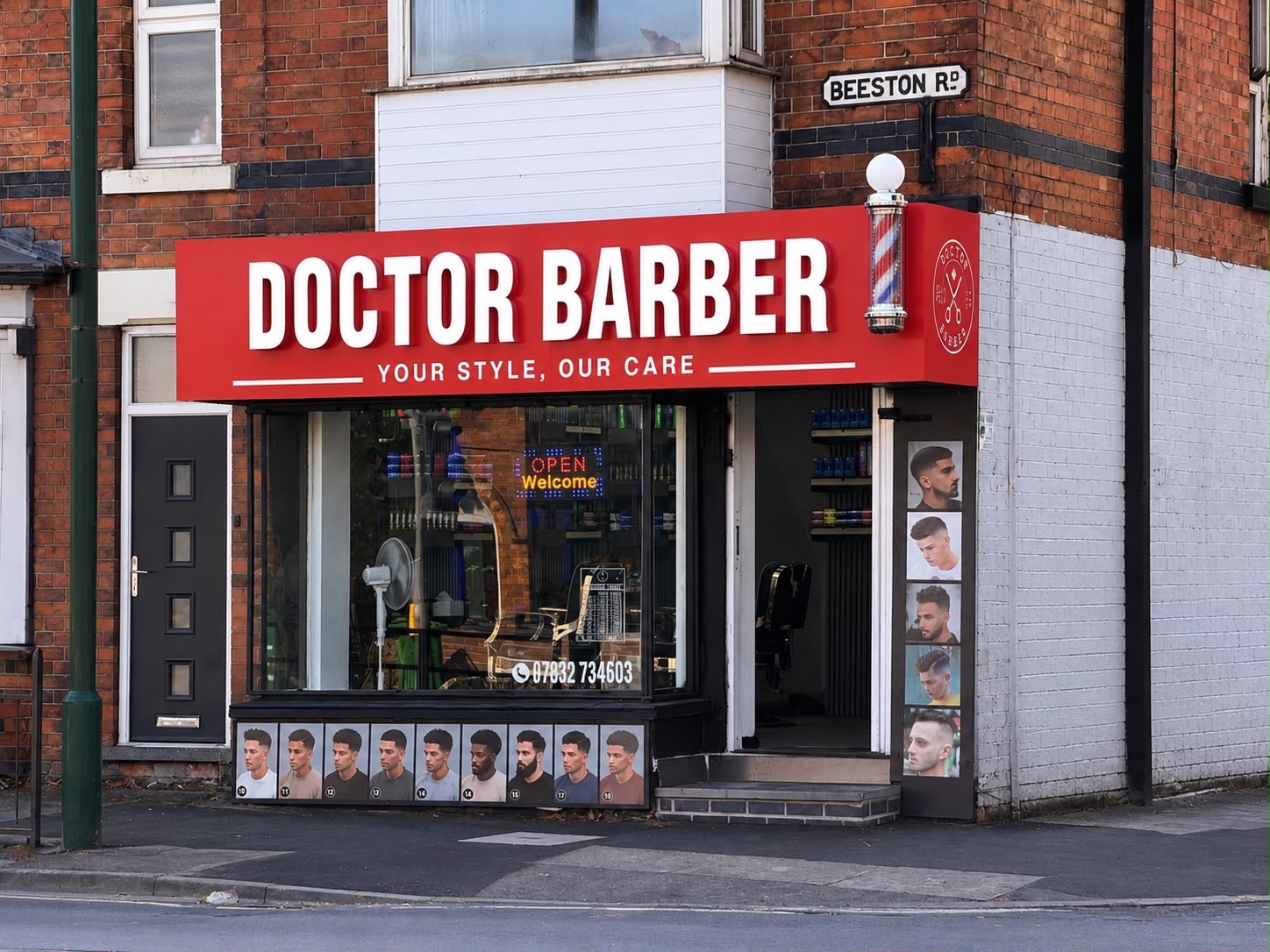 Doctor Barber shopfront on the corner in Nottingham